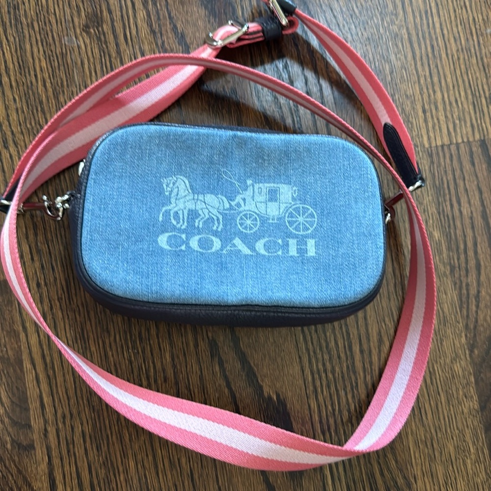 Coach canvas blue with pink striped strap